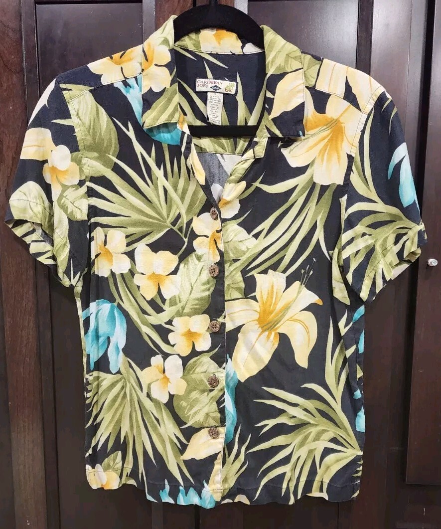 Caribbean Joe Womens Sm Short Sleeve Hawaiian Button Up Shrt Black Green Yellow