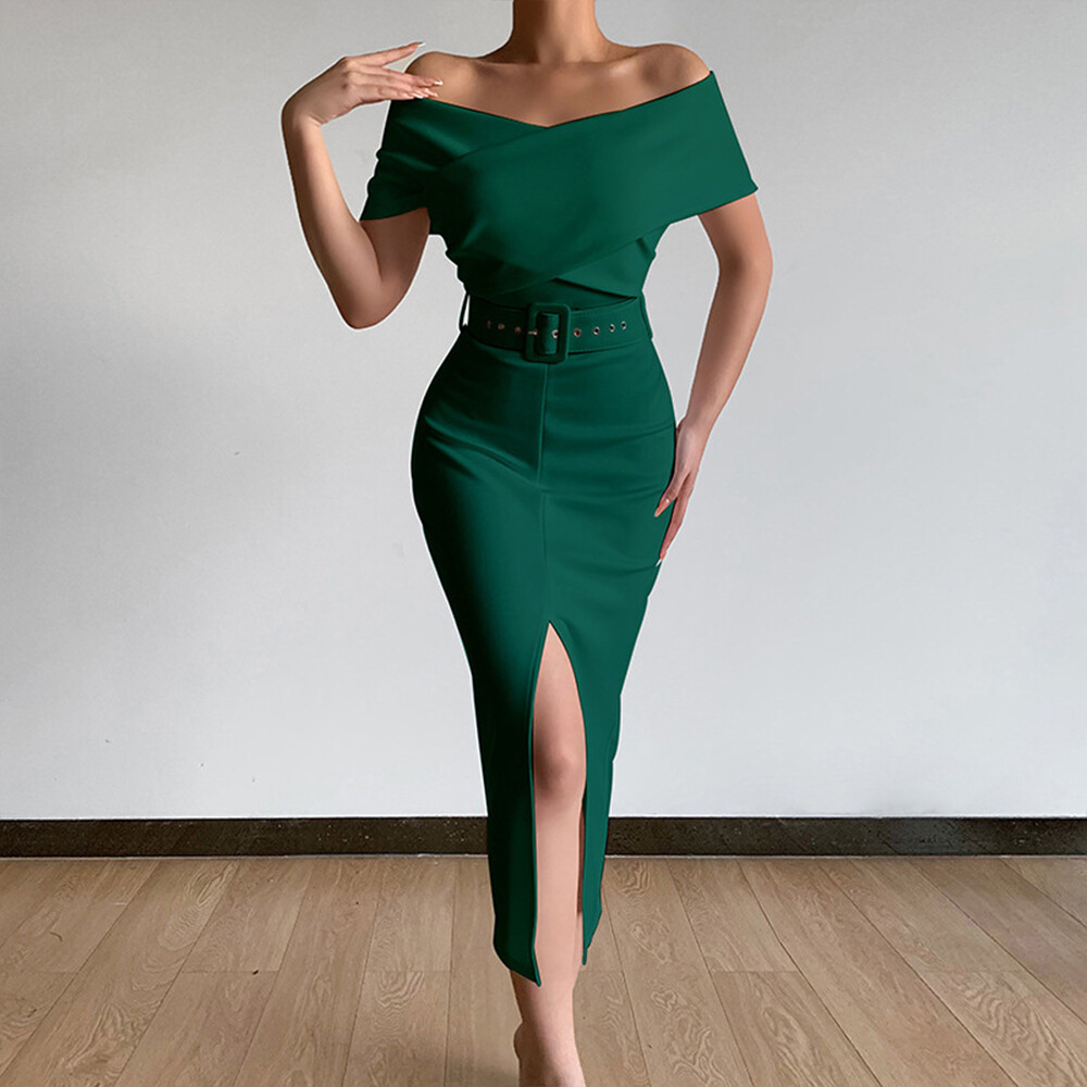Womens Sexy Off Shoulder Evening Party Cocktail Bodycon Midi Dress