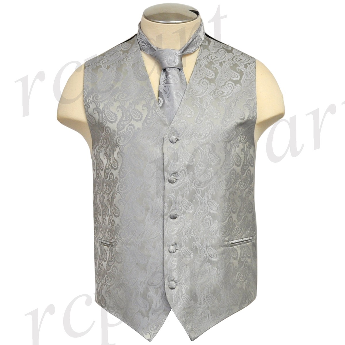 New Brand Q polyester men's Paisley Vest Tuxedo Waistcoat_Necktie Silver  formal
