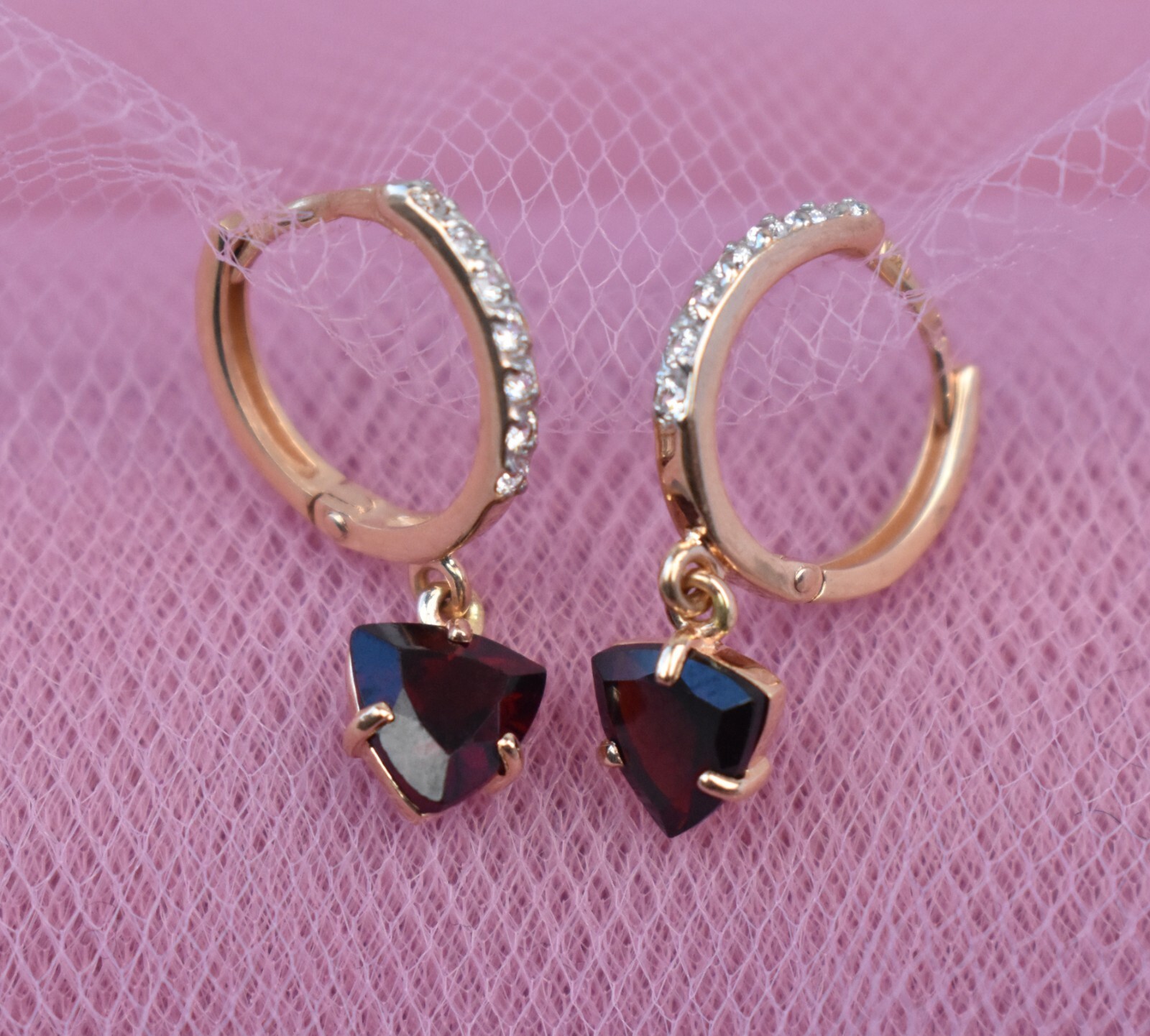 Small hoop earrings with garnet charm, basic crys… - image 1