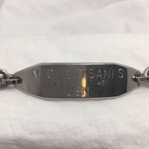 Vintage I.D Bracelet Naval Silver Tone 7" Long "N..G..KATSANIS 1945 USN" Collect