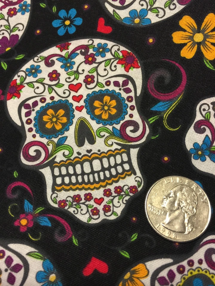Fabric Day of the Dead Skulls and Zombies on Black Cotton 1/4 yard DTEXTILES - Image 2 of 4