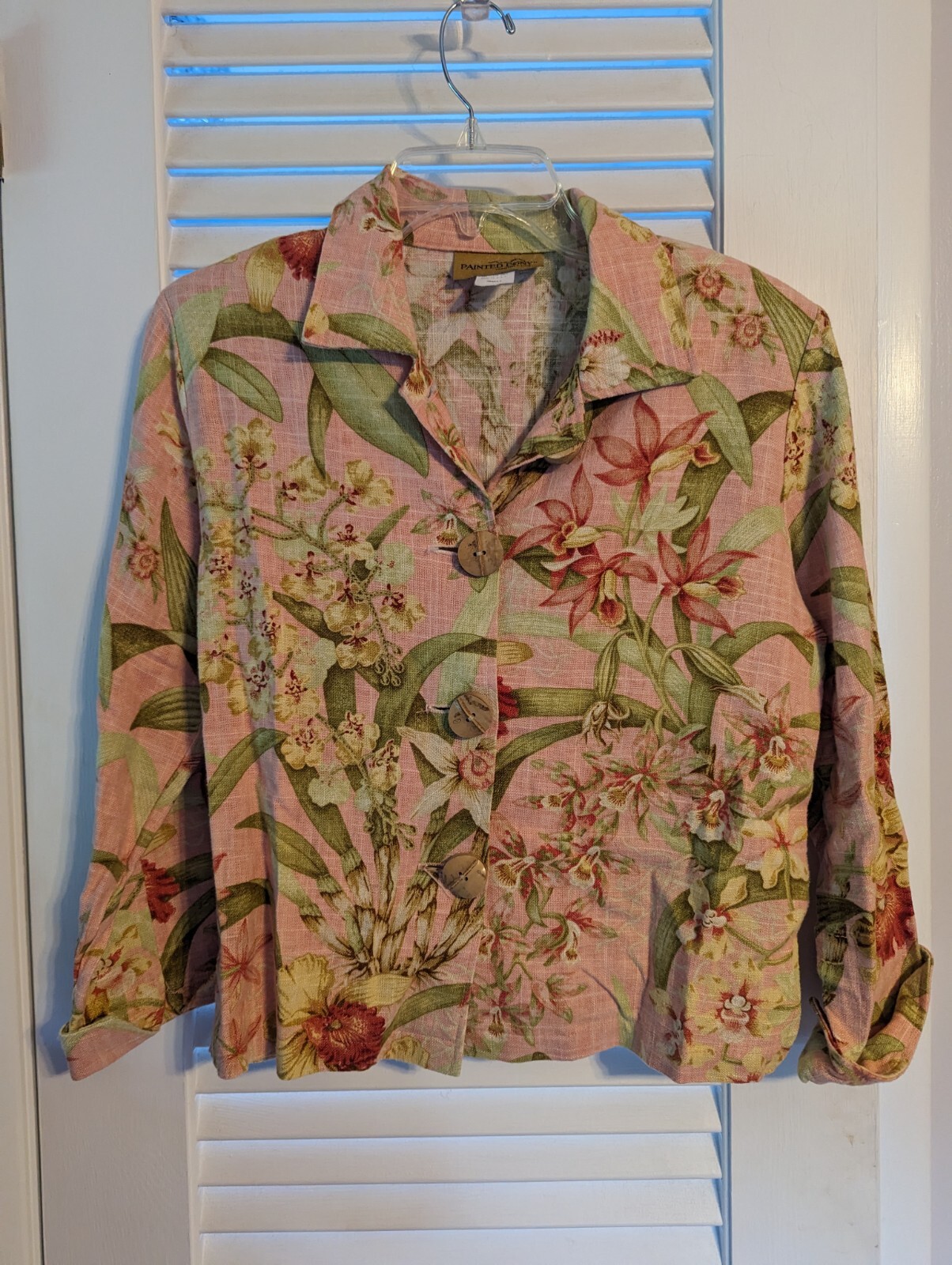 Giacca arazzo vintage dipinta pony piccolo con bottoni rosa lino floreale usata in ottime condizioni