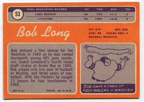 1970 Topps #53 Bob Long Washington Redskins - Rookie Card - Picture 2 of 2