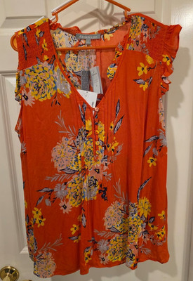 Daniel Rainn Plus Size Orange Floral Rayon Blouse Ruffle Sleeve Top 1X |8