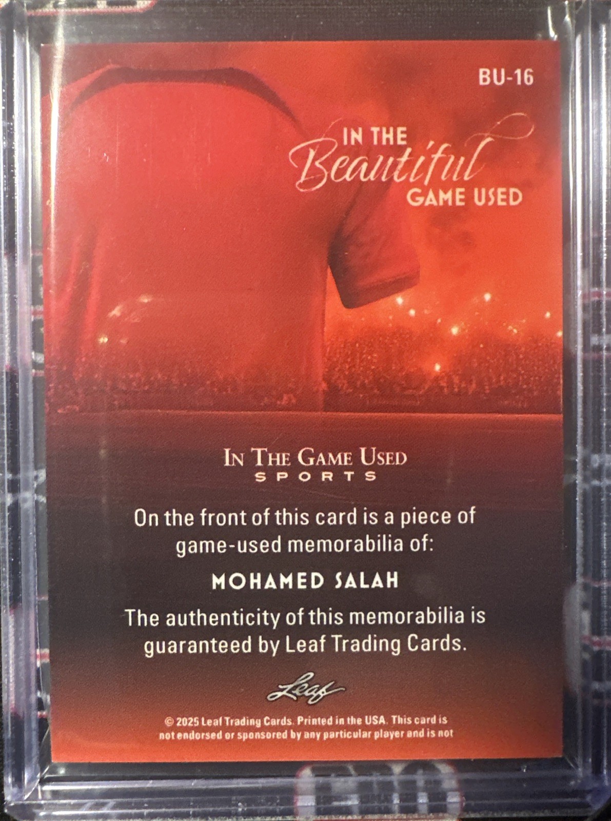 2025 Leaf In The Game Used MOHAMED SALAH Match Worn Soccer Shirt Jersey 1/4 view 2