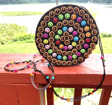 Raised Smiling Faces Beaded Bright Buttons Handbag Multi Colored Crossbody 189