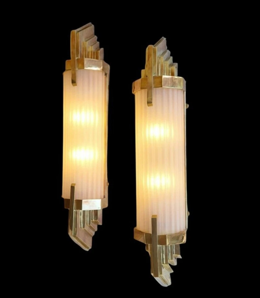 JUEGO DE 1 Aplique de Pared Antiguo Art Deco Rascacielos Latón y Vidrio Esmerilado Luz Foto 3 de 4