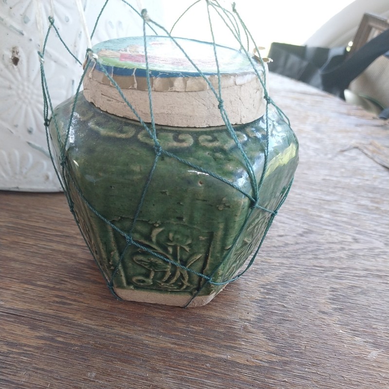 Chinese Green & Drip Glaze Hexagon Earthenware Ginger Jar 4.5” x 5”   FULL Tung