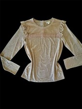 Womens Ruffled Long Sleeve Tee Sheer Front Panel Lace Detail Choose S/M/L