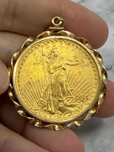 18 K Gold Standing Liberty 1911 Coin Made Into Pendant 14K Scroll 39.5G
