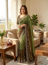 Designer Chiffon Saree sari Embroidery Party Wear Stitched Blouse wedding women
