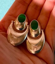 Vintage Chunky 925 Sterling Dangle Pierced Earrings Bezel Set Malachite 9 grams