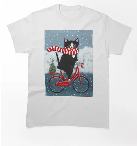 Tuxedo Cat Riding Red Bicycle Christmas Winter Holiday Graphic T Shirt Tee - product listing photo