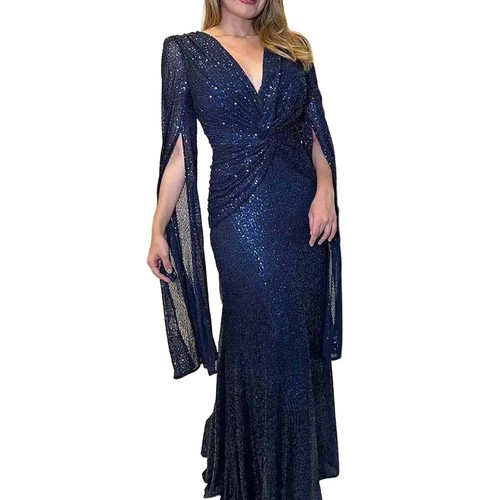 Long Sleeve Draped Sleeve Maxi Dress Women Deep V Neck Elegant Party Dress - Picture 10 of 20