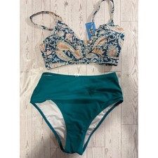 Cupshe XS Paisley Floral Print Teal Green High Waist Bikini Swimsuit Set