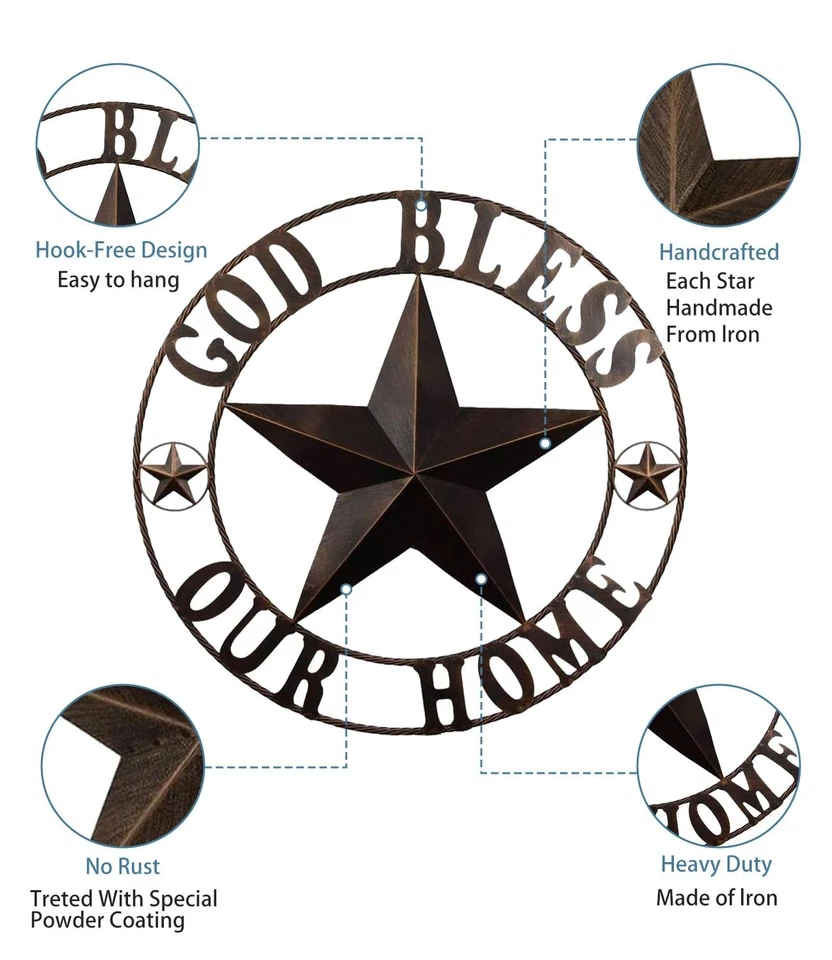 Texas Star Decor, Metal Wall Decor 32’’, Iron Texas Metal Star Rustic Vintage... - Image 4 of 4