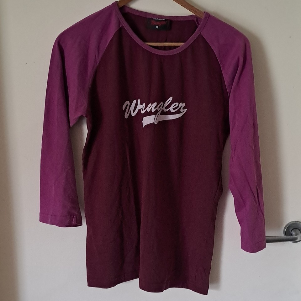 Wrangler Women’s Purple/Maroon Raglan 3/4 Sleeve Logo T-Shirt Cotton Size 14