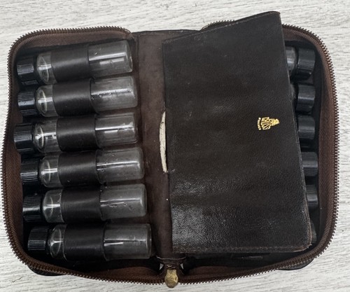 Vintage Mark Cross Leather Apothecary Travel Case w/ Glass Vials France