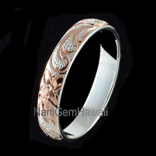 Hawaiian Band Ring Plumeria Scroll 4mm 925 Sterling Silver Ring 14K PG Plated