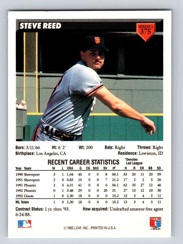 1993 Donruss San Francisco Giants Baseball Card #375 Steve Reed Rookie ...