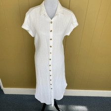 Women s button down short sleeve maxi collar dress or swim cover up white