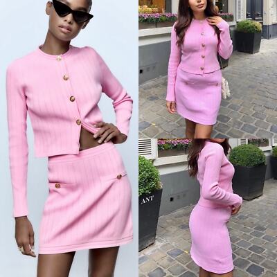 【THE MOZZ】Pie Button Cardigan & Skirt Setup Zara NWT pink coord matching 2 piece skirt and button