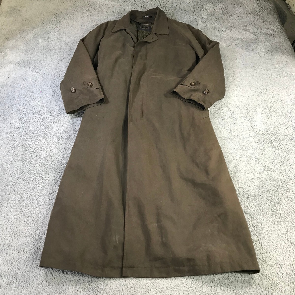 Sanyo Jacket Mens 36 R Trench Over Coat Hidden Buttons Cotton