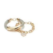 NEW GUESS 2 PC SET,SILVER+GOLD TONE,MESH,CHAIN,CRYSTAL HEART CHARM BRACELET