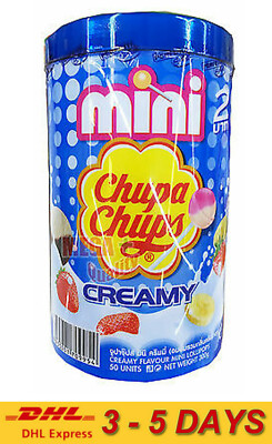 50 x 6g. Mini Chupa Chups Lollipops Blue CREAMY Assorted Plastic Can 300g