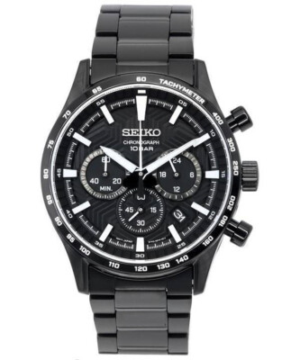 Seiko Mens Chronograph Black Dial Stainless Steel 100ATM Watch SSB415 NEW