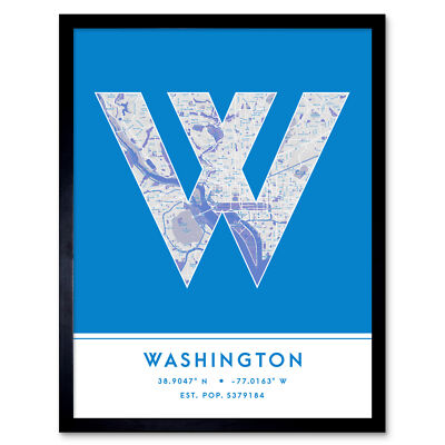 Washington USA Stadtplan Typografie gerahmter Wandkunstdruck 12 x 16 Zoll