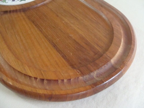 Vtg Dolphin Teakwood Serving Cheese Tray Board Dome Lid Floral Inlay Plate 17" - Picture 3 of 11