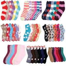 6 Pairs Fuzzy Super Plush Soft Winter Slipper Stripe Solid Pattern Socks 9-11
