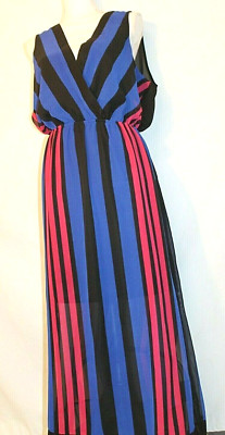DELIRIOUS MAXI DRESS Size 1X BLACK, ROYAL BLUE & HOT PINK STRIPED SLEEVELESS