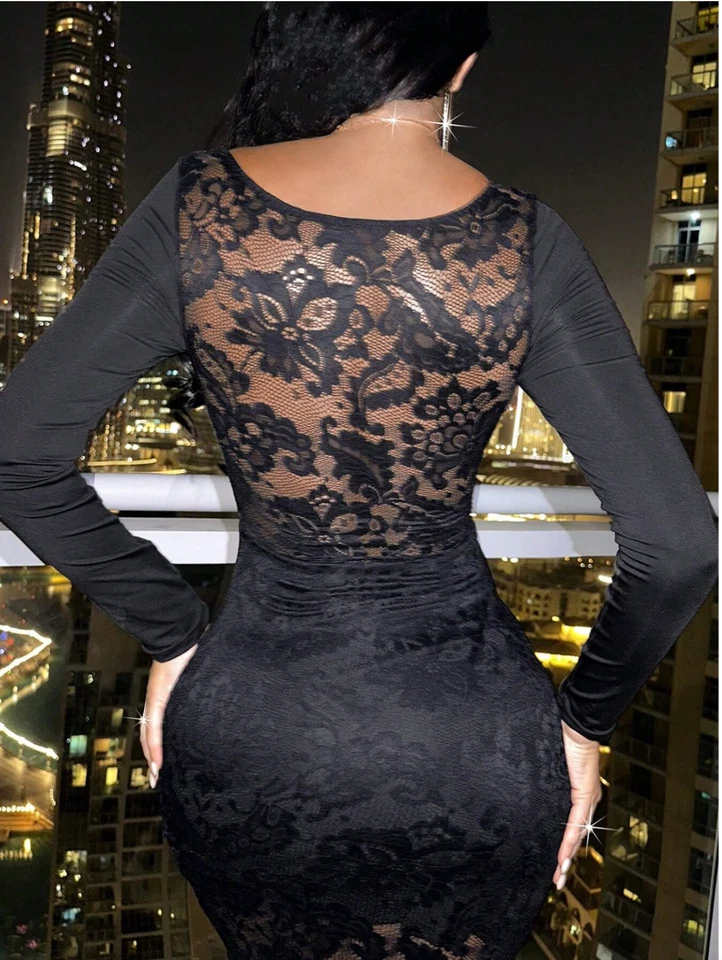 Sexy Vestido Negro Foxxy Tejido Encaje Detalle Copa Manga Larga para Mujer Talla S M L Foto 2 de 4