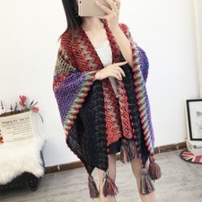 Women Chunky Knitted Scarf Shawl Cape Tassel Striped Cloak Wrap Cardigan Elegant