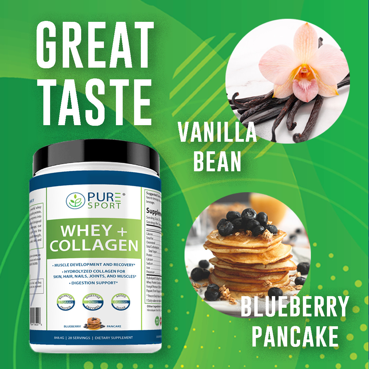 PURE Whey + Collagen 848g, 27g Protein, 28 Servings, Vanilla/Blueberry, & Muscle