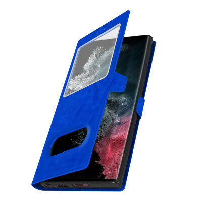 für Samsung Galaxy S22 Ultra Cover Doppelfenster & Standfunktion   Blau