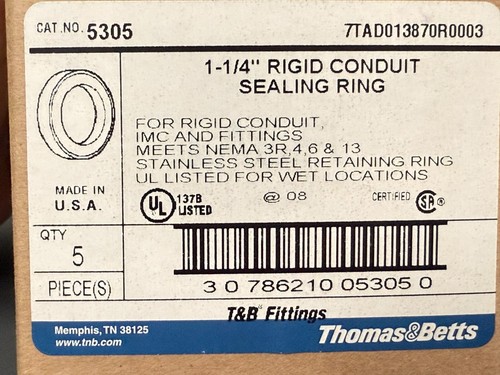 BOX OF 5 Thomas & Betts 1-1/4" Rigid Conduit Sealing Rings 5305 - Picture 3 of 8