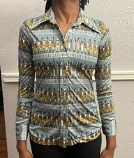 Vintage 70s Disco Big Collar Long-sleeved Button up Shirt modeled size S