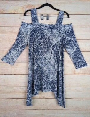 Clara Sun Woo Women's Size M  Cold Off Shoulder Blouse Blue Printed Slinky Top