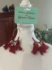ANTICA SARTORIA RED HOOP PIERCED POMPOM SEA SHELLS EARRINGS NWT