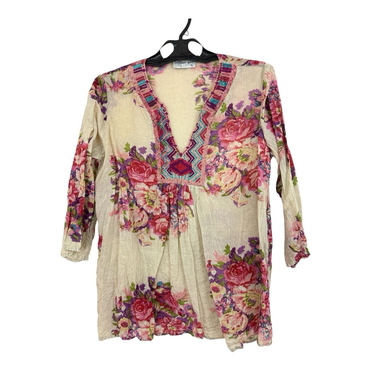 Vintage Goa Embroidered Floral Tunic Top Sz Extra Large 3/4 Vintage Goa Embroidered Floral Tunic Top Sz Extra Large 3/4