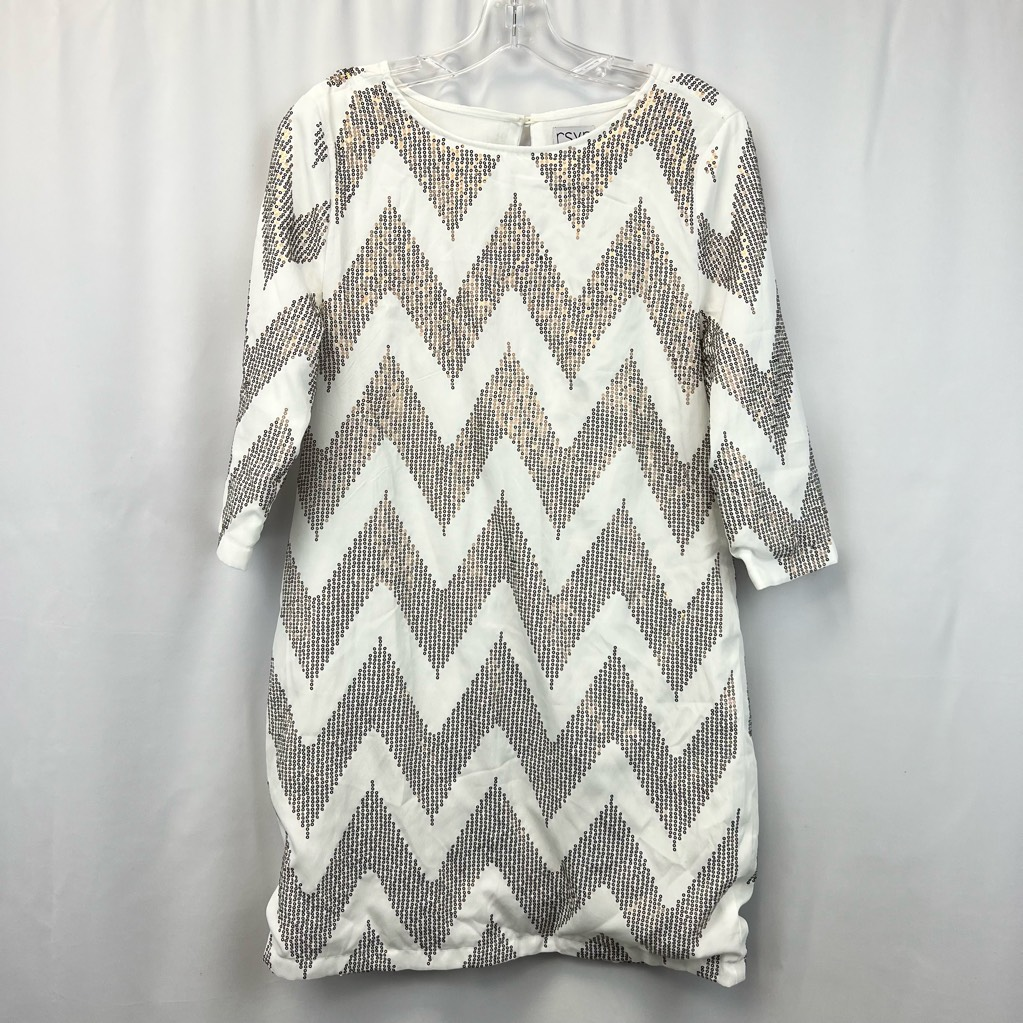 white and gold chevron dress Rsvp Womens Sheath Lined Jewel Neck 3/4 Sleeve Sequin S dressing table