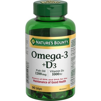 Omega 3 + D3 Fish Oil 1200mg 90 softgels Natures Bounty Vitamin 1000IU