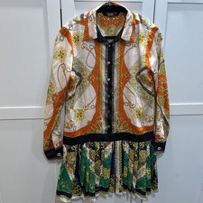 ZARA Versace Scarf Chain Print Dress Small Pleated Long Sleeve Shirt Mini (Read)