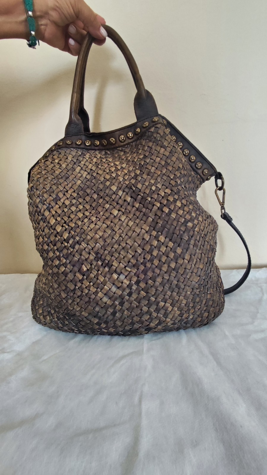Borsa MARGOT Vera Pelle Intrecciata Borchie Lavata Vintage Donna Made in Italy