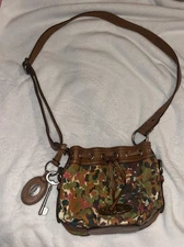 FOSSIL MADDOX LEATHER MULTI COLOR  CANVAS DRAWSTRING BUCKET BAG floral camo 
