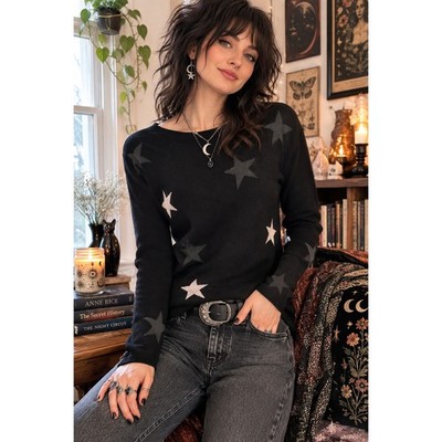 Rachel Zoe XS Cashmere Blend Black Star Sweater | Whimsigoth Boho Gothic
